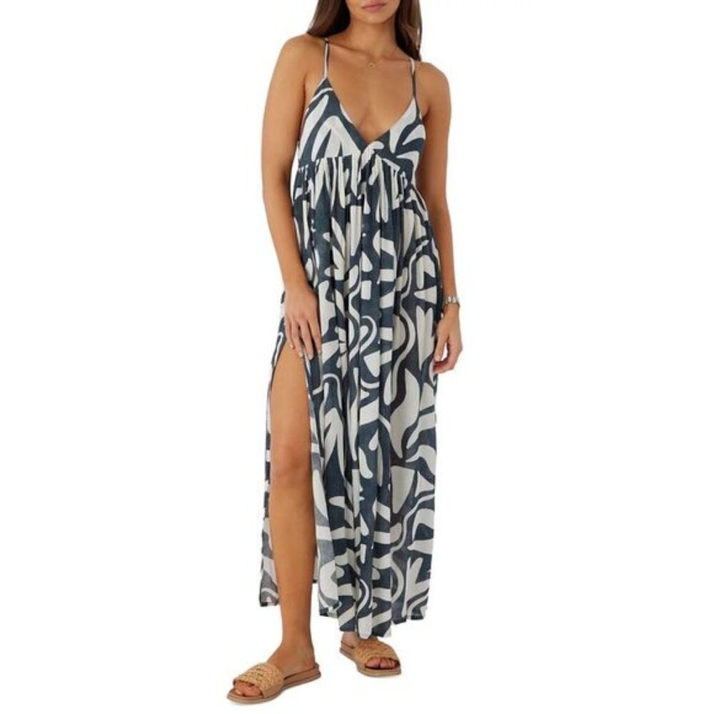 O'Neill Womens Saltwater Essentials Printed Maxi Cover-up Dress Small Slate NWT